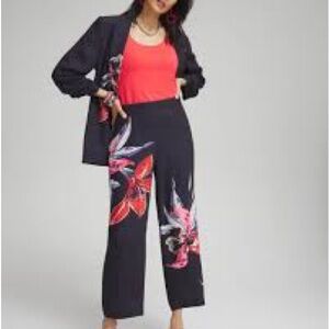 Chico's New Lily Swirl Floral Print Soft Wide Leg Cropped Navy pant
